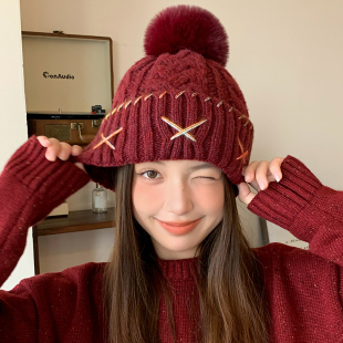 安可拉红毛线帽子女2025新款秋冬大头围加绒保暖针织帽护耳包头帽