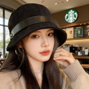 高级感灯芯绒渔夫帽女秋冬2025新款大头围帽子方圆脸显脸小贝雷帽