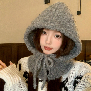 韩国巴拉克拉法帽女2024新款秋冬帽子围巾一体保暖羊毛针织毛线帽