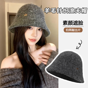 高级感羊毛针织渔夫帽女冬季保暖显脸小水桶帽大头围百搭气质盆帽
