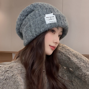 宽松大头围毛线帽子女2024新款冬天产后保暖护耳月子帽骑车针织帽