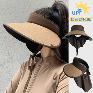 大帽檐防晒帽女夏季草编空顶遮阳帽防紫外线护颈披肩太阳帽可折叠