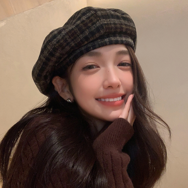 英伦复古百搭格纹贝雷帽子毛呢