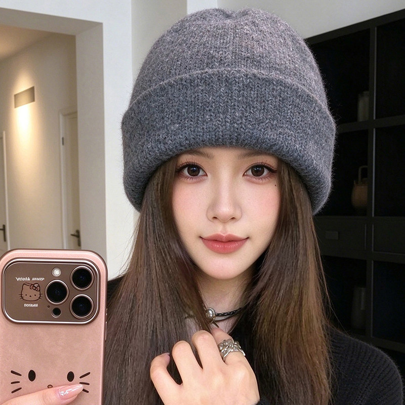 高级感羊毛针织帽子女秋冬大头围保暖护耳毛线帽纯色简约包头冷帽