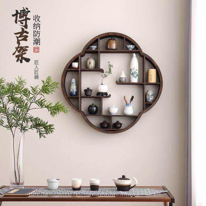 梅花博古架墙上实木中式墙面壁挂式多宝阁挂墙茶壶架子仿古置物架