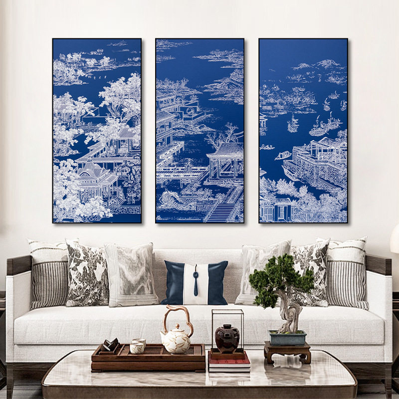新中式客厅沙发背景墙装饰画肌理浮雕实物画玄关挂画风景三联画