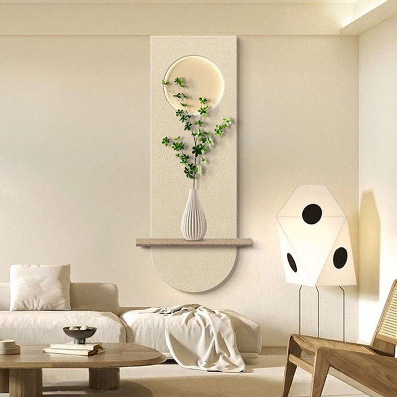 北欧奶油风玄关装饰画简约立体砂岩肌理挂画绿植走廊过道发光壁画图片