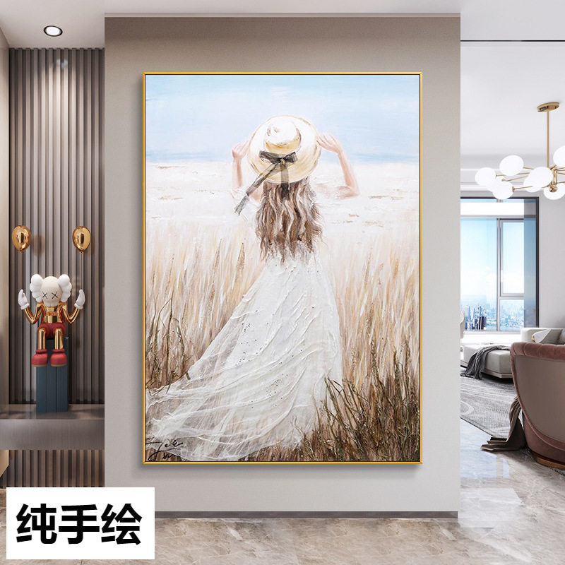 手绘油画海边少女轻奢玄关挂画客厅背景墙装饰画卧室餐厅人物画