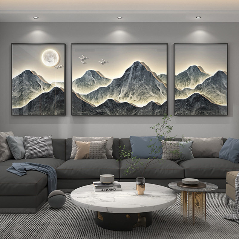 背有靠山三联画轻奢客厅装饰画沙发背景墙画办公室大气金山晶瓷画