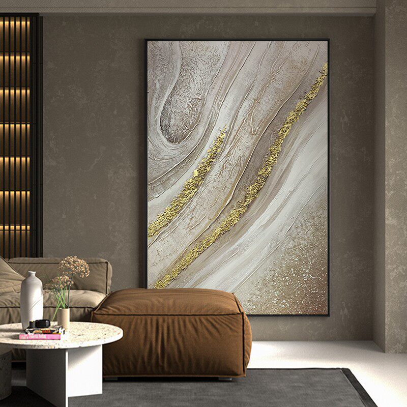 手绘油画立体金箔肌理画 现代简约客厅背景墙竖版挂画玄关装饰画