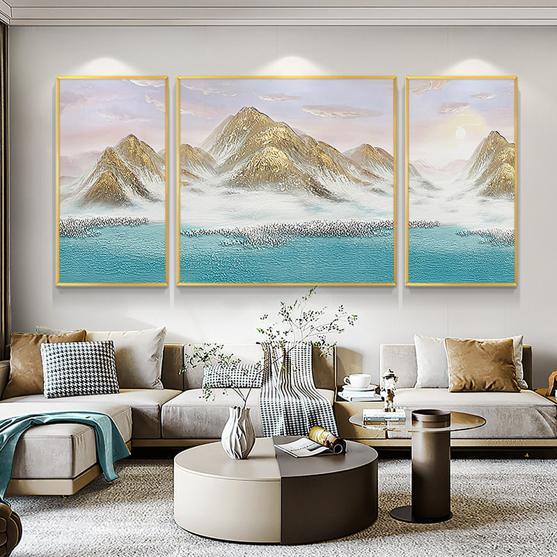 现代简约客厅装饰画三联画手绘肌理画轻奢沙发背景墙背靠金山挂画