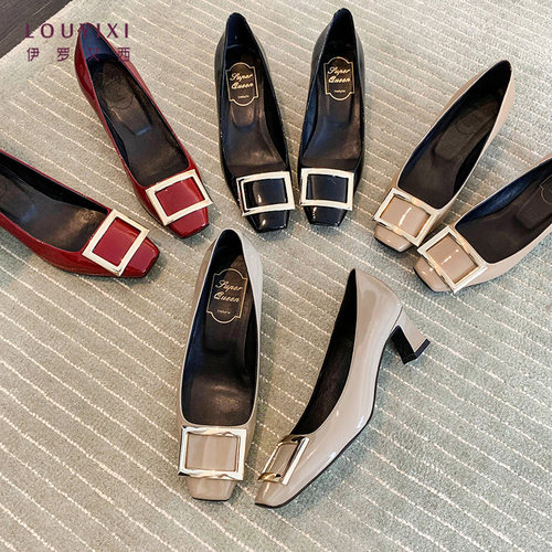 LOUYIXI春季新款rv漆皮方扣单鞋女粗跟中跟方头浅口女鞋通勤Z040