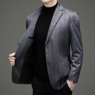 春秋男装轻奢高级感男人味商务休闲桑蚕丝羊绒西装羊毛外套男款