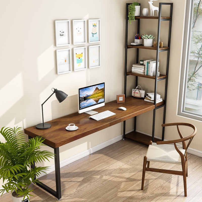 美式实木书桌书架一体组合家用写字桌卧室长条桌靠墙长条电脑桌子
