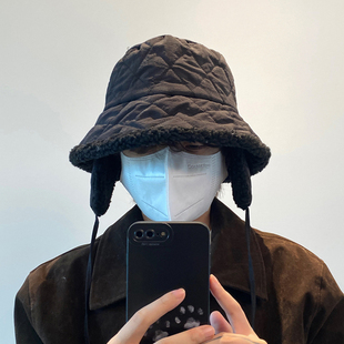 大头围保暖百搭渔夫帽 菱形格黑色棉帽护耳雷锋帽男款 帽子男士 冬季