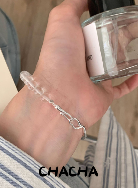 茶茶S925纯银冰透白水晶半镯手镯女韩国ins简约小众设计复古手环