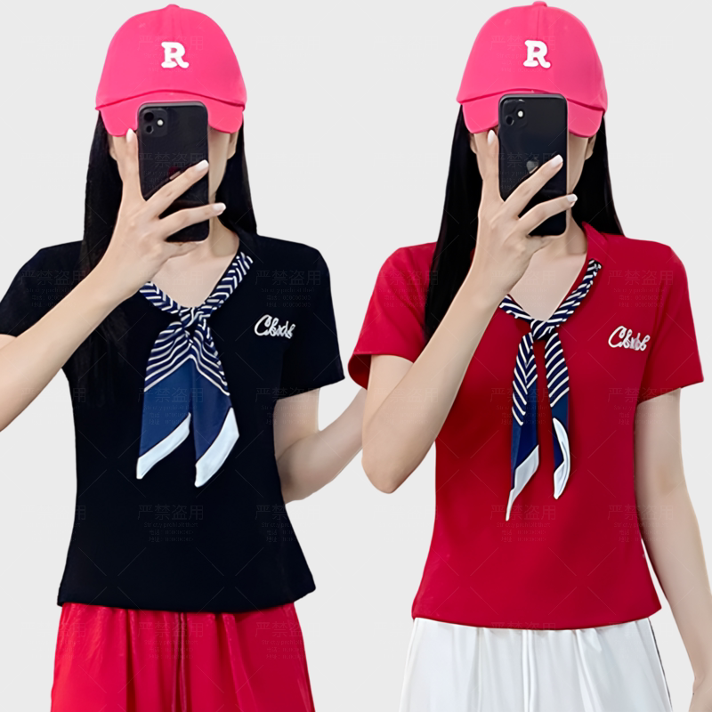 2025秋装新款女时尚学院风领带减龄广场舞跳操服运动表演大码上衣