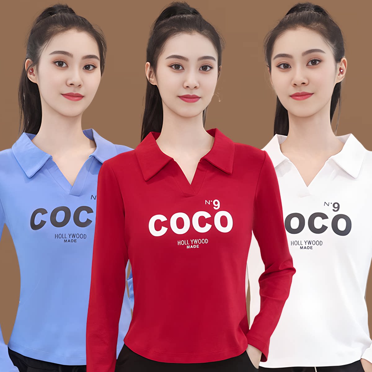 新款女士气质休闲polo领长袖运动健身操团体广场舞跳操服上大码女