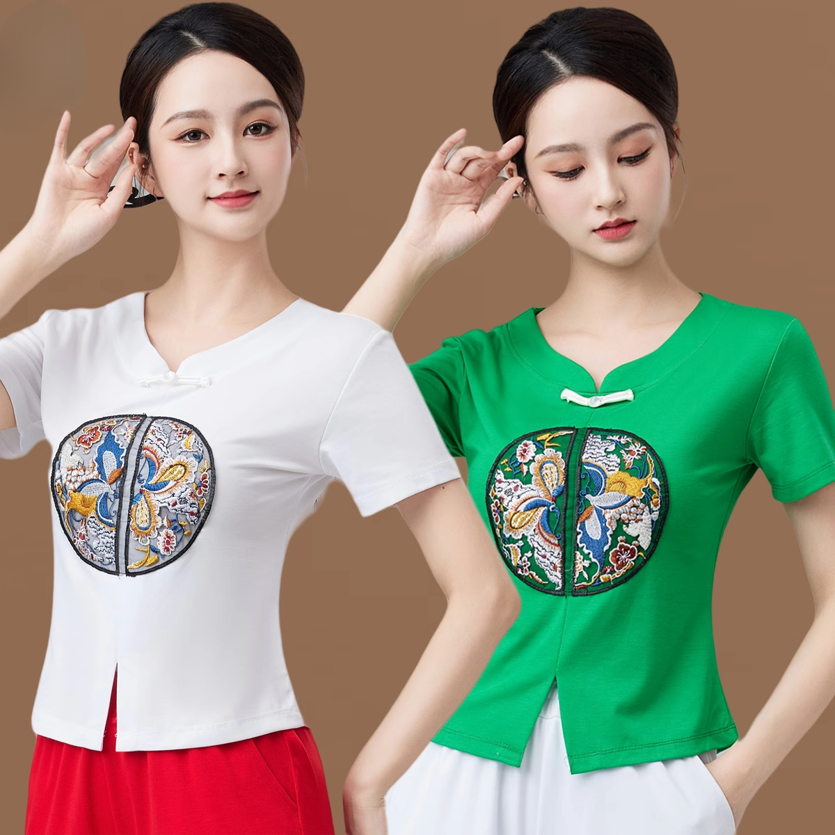 中国风运动健身上衣大码广场舞服装跳操服上衣民族风健身操跳舞女