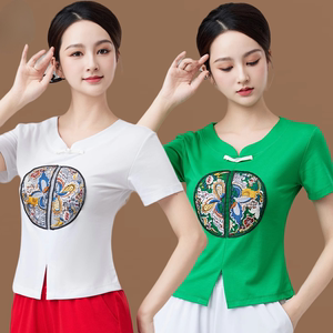 中国风运动健身上衣大码广场舞服装跳操服上衣民族风健身操跳舞女