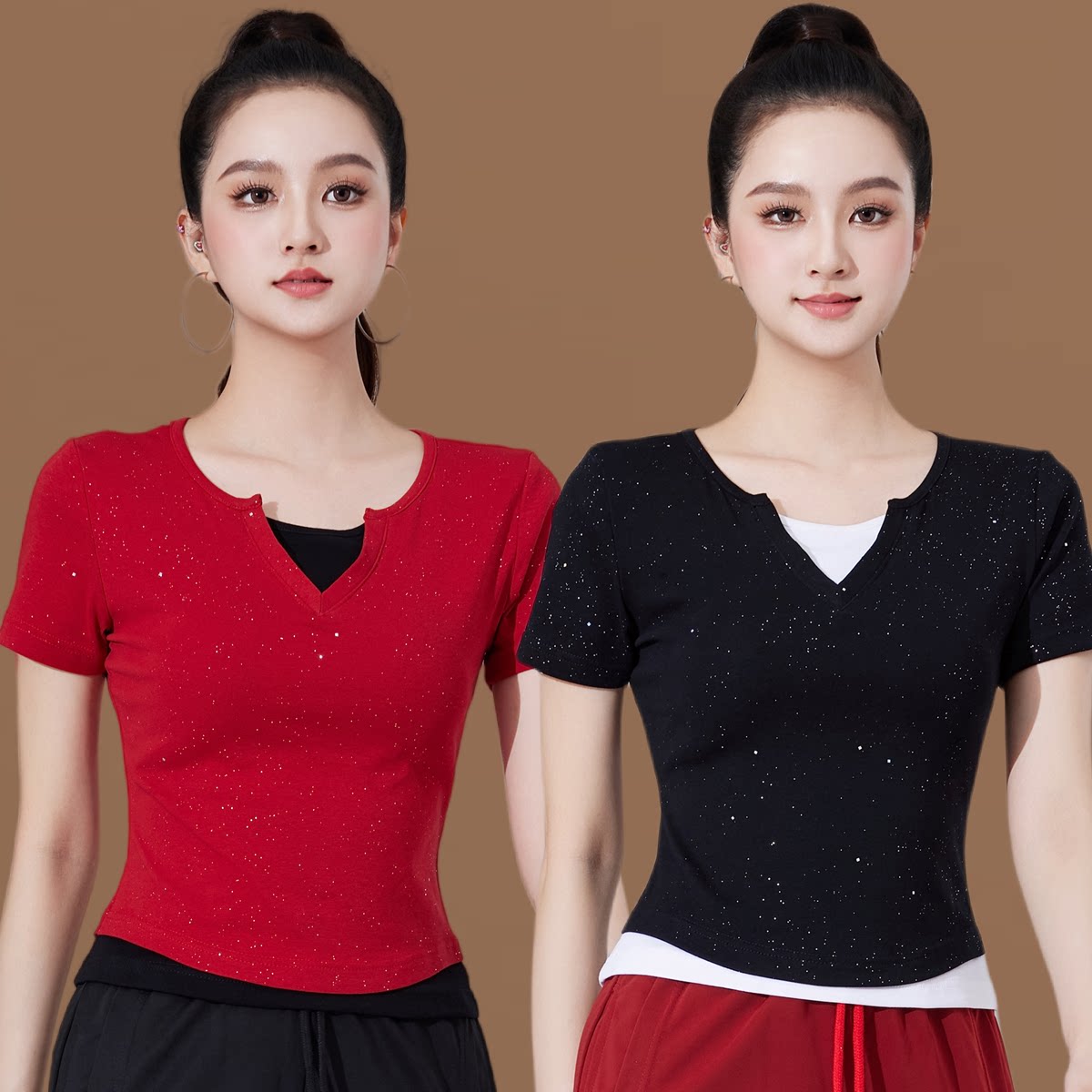 广场舞蹈服夏季新款银洒拼色小v假两件修身显瘦鬼步舞团体健身衣