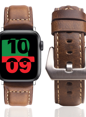 适用苹果手表s8表带高级感苹果手表表带真皮牛皮复古油腊皮iwatch表带44/45mm黑色iwatch uitra表带