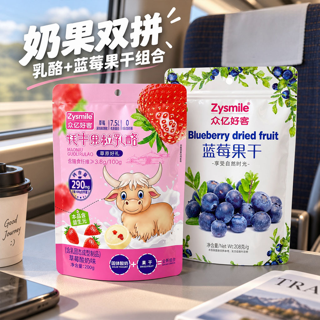 高铁同款众亿好客牦牛果粒乳酪蓝莓果干双拼休闲高钙健康零食408g