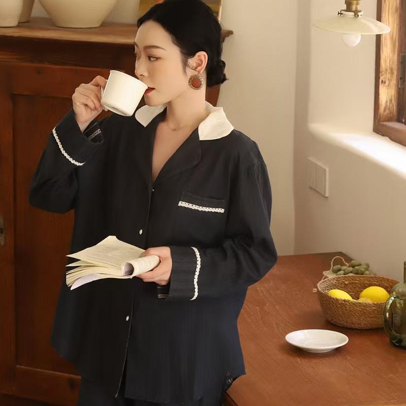 长款黑色春秋天冰丝家居服睡衣