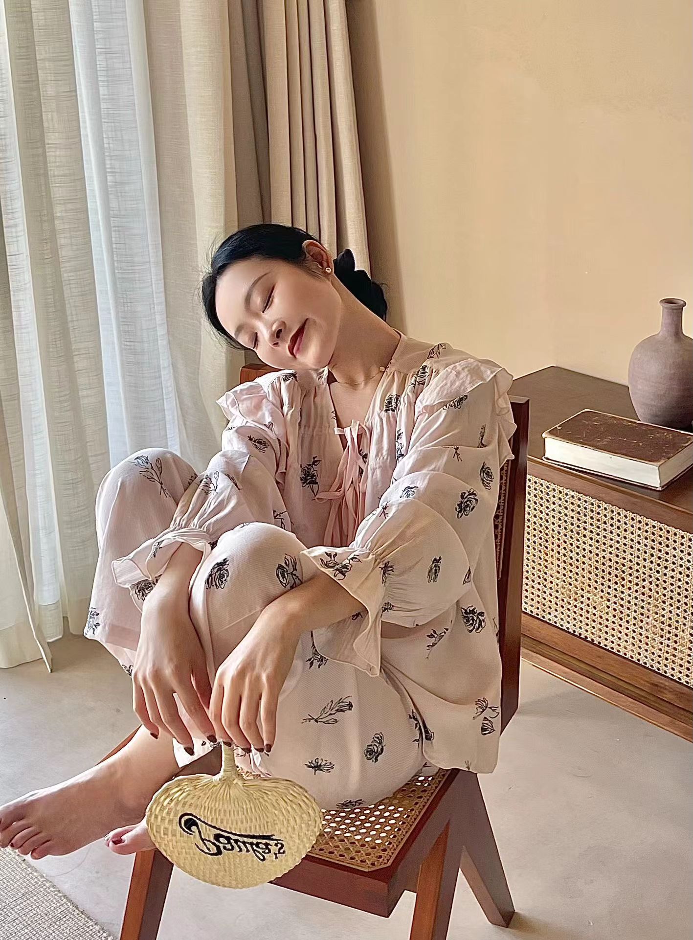 维安花密古风新中式国风睡衣女高端气质绿色盘扣高级感家居服套装