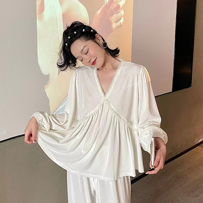 维安花密金钻绒宫廷风秋冬睡衣女长袖长裤丝绒羽毛宽松气质家居服