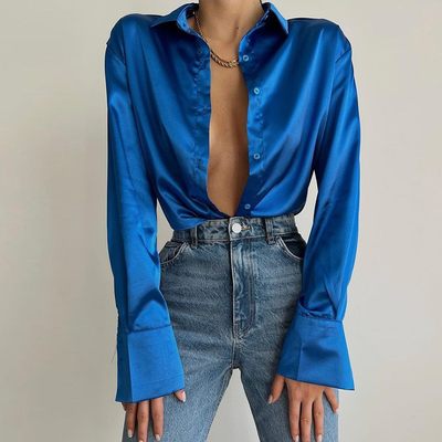 蓝色长袖绸缎衬衫女春季单排扣开衫上衣女Blue satin shirt women