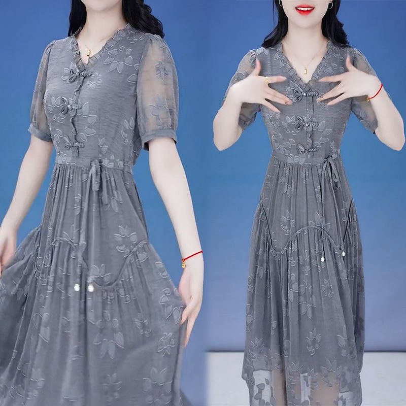 气质短袖连衣裙女2025夏季新款高档妈妈收腰显瘦高级感长裙子女夏