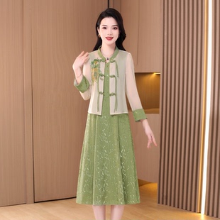 两件套碎花连衣裙女2025春秋新款 女 时尚 国风显瘦妈妈背心裙子套装