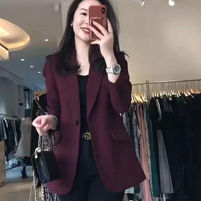 酒红色西装外套女春秋2024新款高级感小个子职业西服休闲大码上衣