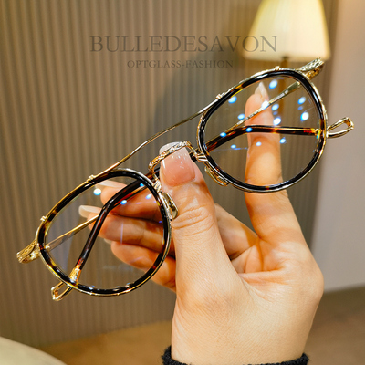 手工鎏金珐琅纯钛近视眼镜框双梁椭圆复古男女可配度数防蓝光变色