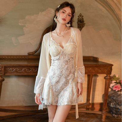 性感甜美女士加胸垫吊带褶皱毛绒蝴蝶印花系带睡裙外袍家居服套装