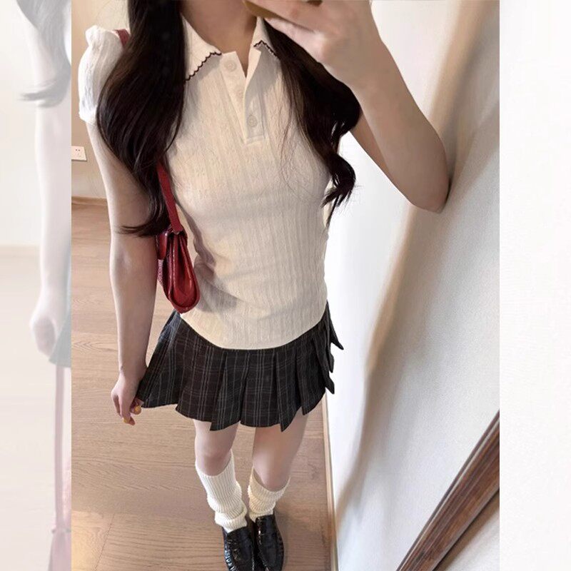 DGOL白小鱼学院风休闲运动套装女2025夏季高腰短裙可爱减龄两件套