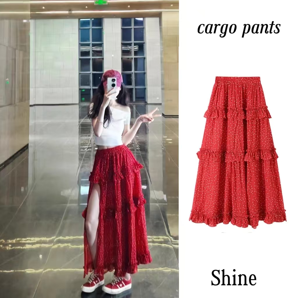 【westayone】复古红色波点蛋糕裙半身裙女夏季小个子a字大摆长裙