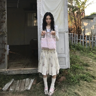 PlaceOrder 复古插画碎花百褶裙女夏季低腰显瘦百搭A字半身裙中裙