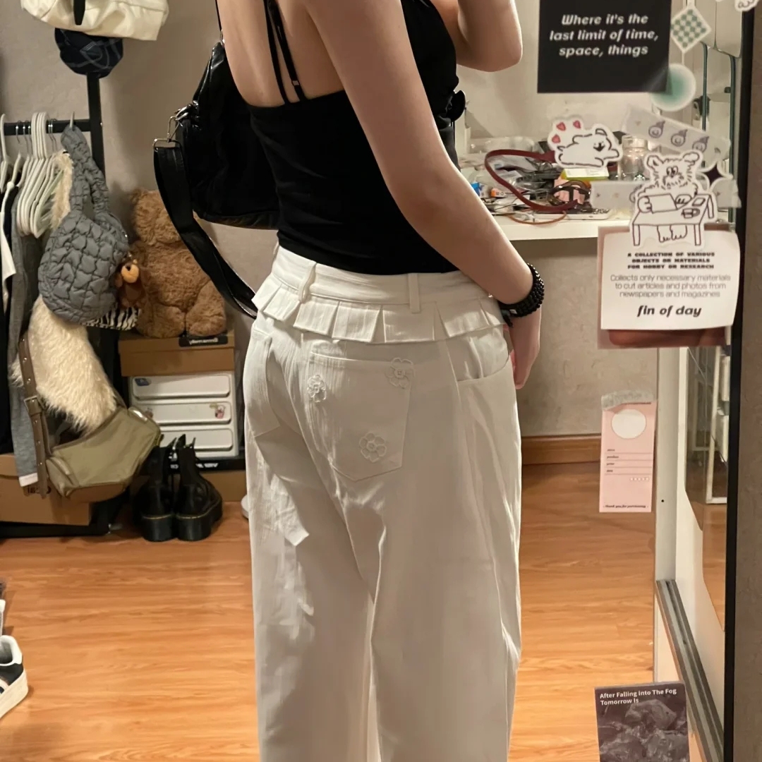 LU桃喜白色花边阔腿牛仔裤