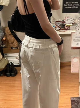 Mess Studio 设计感宽松拖地白色裤子花边弯刀裤直筒阔腿休闲裤女