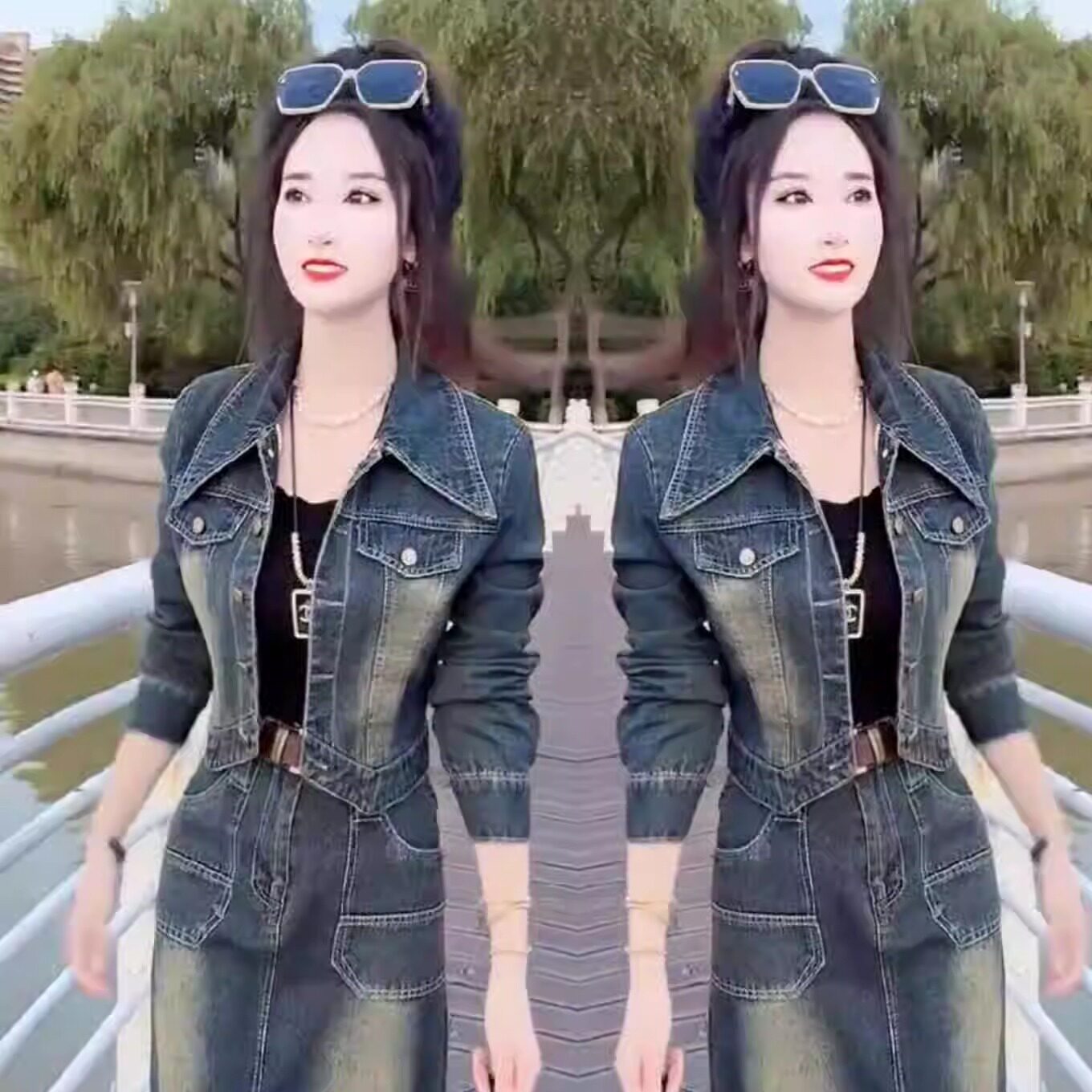 网红爆款时尚牛仔套装女2026高端洋气短款显瘦上衣+半身裙两件套