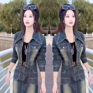 网红爆款时尚牛仔套装女2026高端洋气短款显瘦上衣+半身裙两件套
