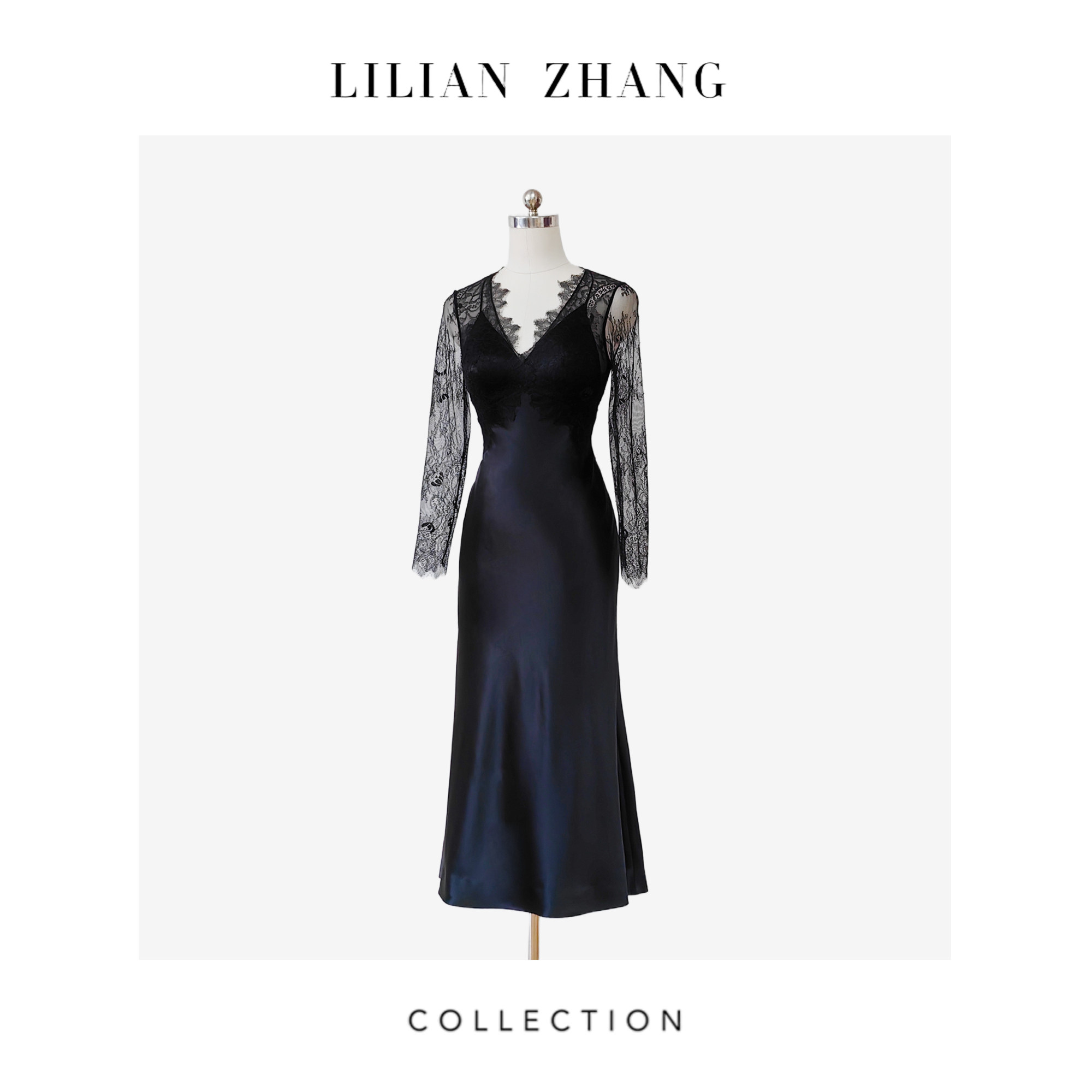 C—古典浪漫—遇见倾心—挚爱Lace拼接V领黑色轻礼服裙 2401055
