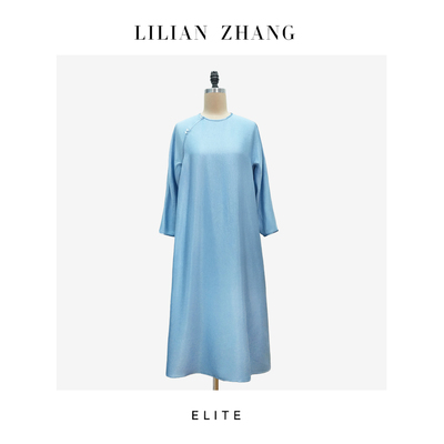 天空蓝斜襟Ａ摆长袍连衣裙