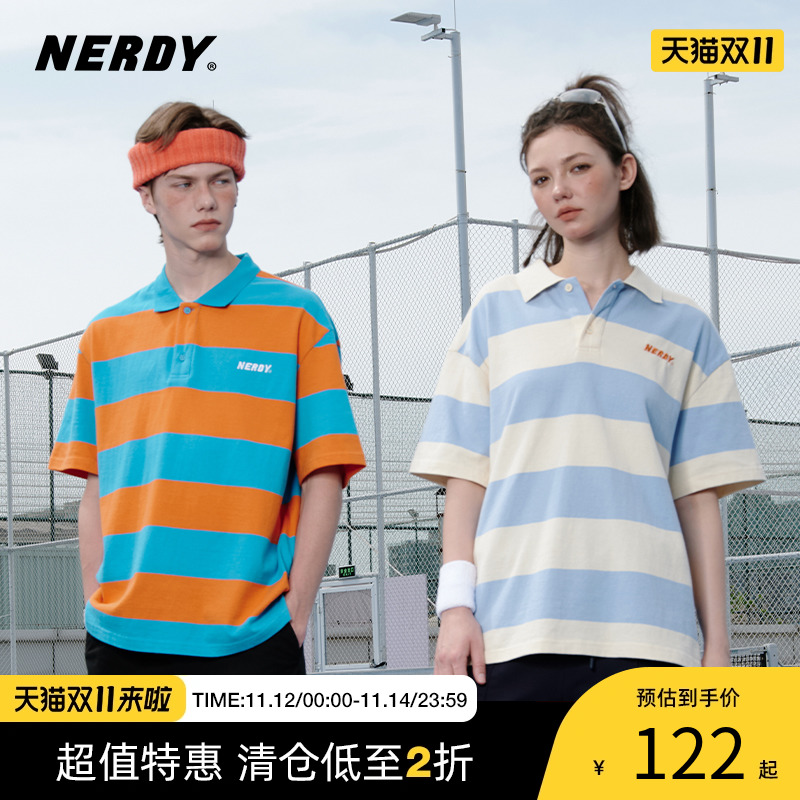 NERDY2023夏季新款情侣同款条纹polo衫短袖女宽松休闲t恤上衣潮流