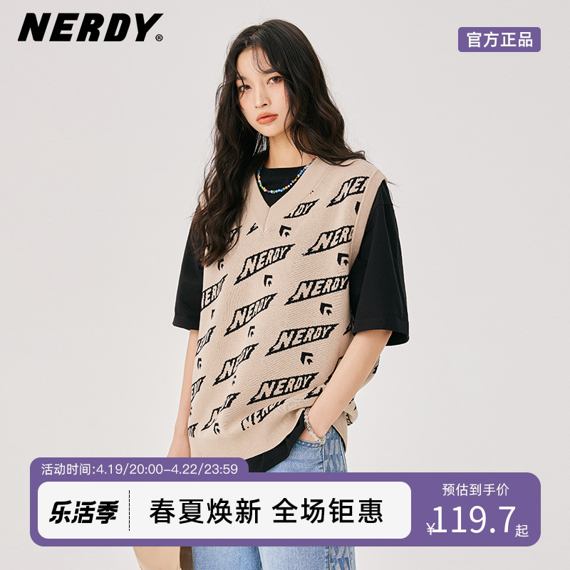 NERDY2022春夏新品斜面LOGO针织背心V领无袖宽松短款马甲外套女潮