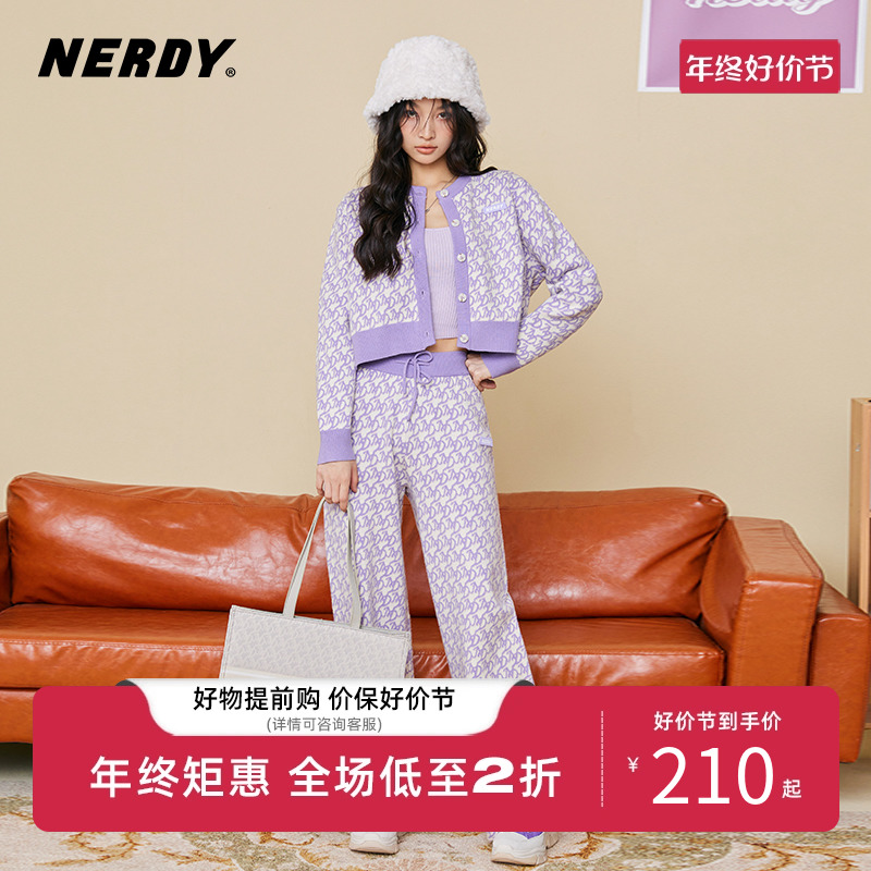 NERDY2023春夏新款复古老花满印针织长袖外套长裤组合套装女上衣