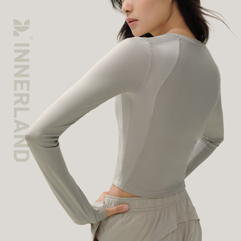 INNERLAND撞色分割修身短款罗纹长袖T恤运动健身打底衫舒适时尚女