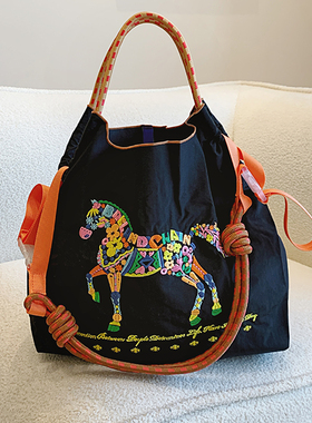 日系新款ballchain花朵马刺绣购物袋小众帆布包马年单肩斜挎包女